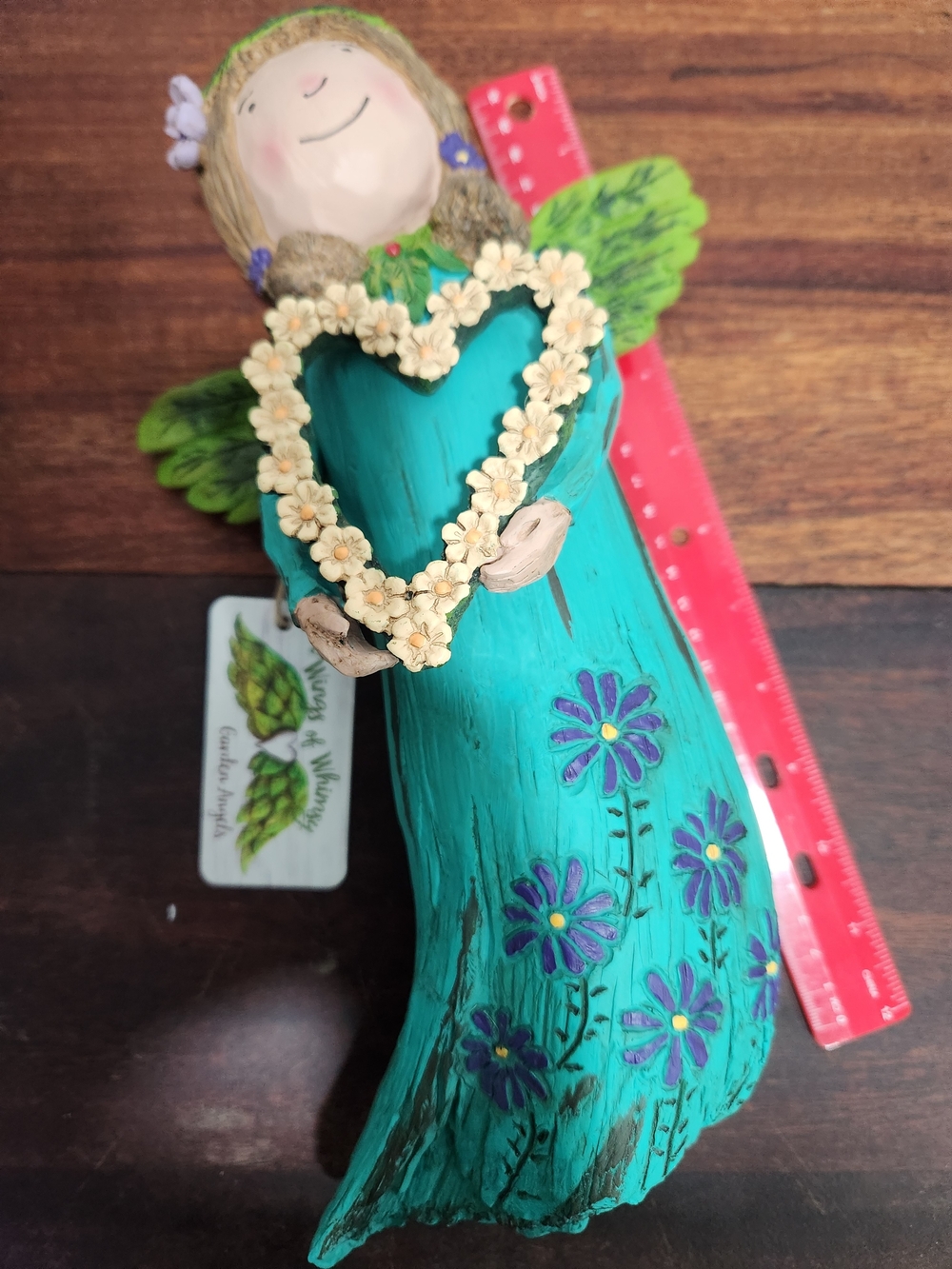 Teal Floral Angel Wooden Hand Painted Holding Cream Flower Heart